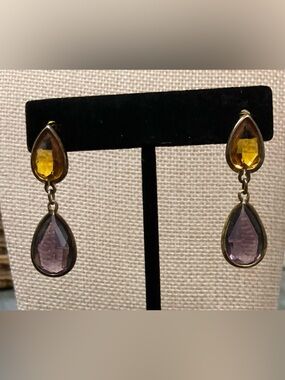 Technibond Amethyst and Citrine Teardrop Dangle Earrings - Purple and Gold
